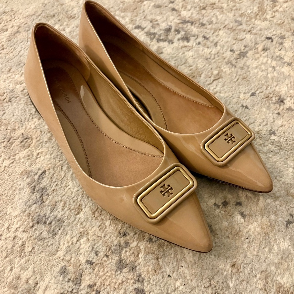 Tory Burch Tan Patent Pointed-Toe Flats with Gold Logo Buckle